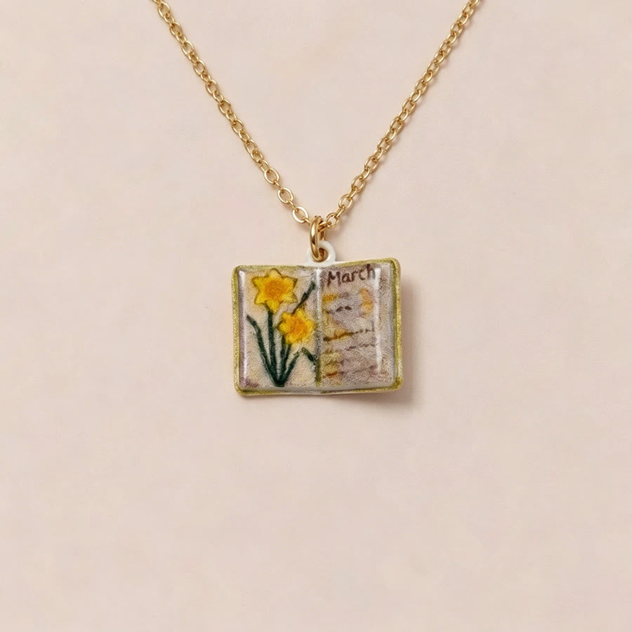 Olivenorma 12 Months Birth Flower Mini Open Book Pendant Necklace  - Mar&Narcissus - image 6