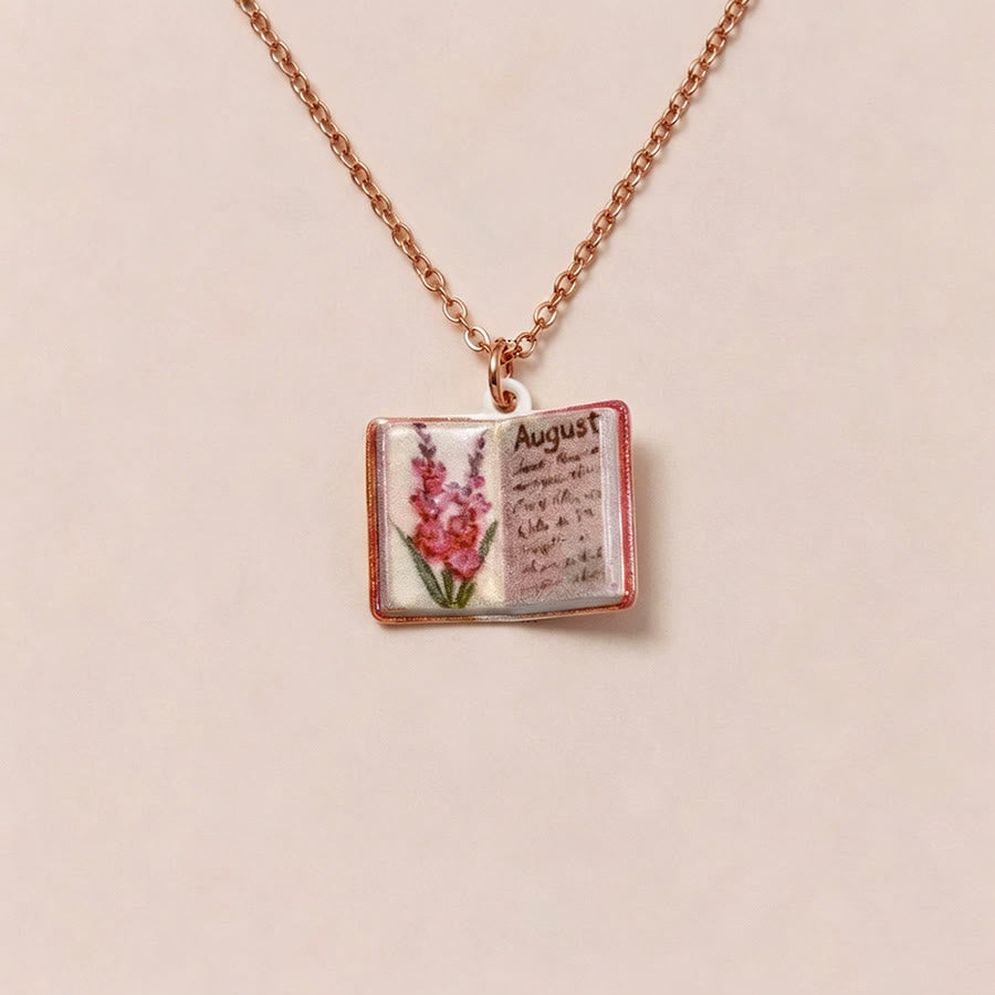 Olivenorma 12 Months Birth Flower Mini Open Book Pendant Necklace  - Aug&Gladiolus - image 11