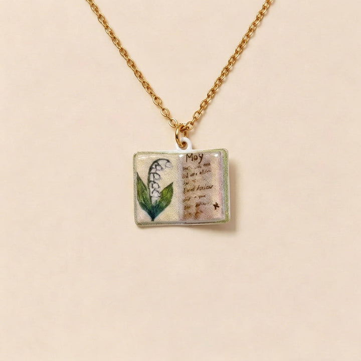 Olivenorma 12 Months Birth Flower Mini Open Book Pendant Necklace  - May&LilyOfValley - image 8