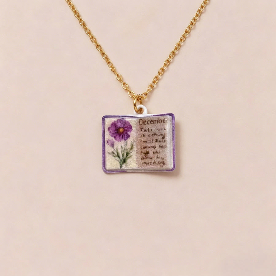 Olivenorma 12 Months Birth Flower Mini Open Book Pendant Necklace  - Dec&Pansy - image 15