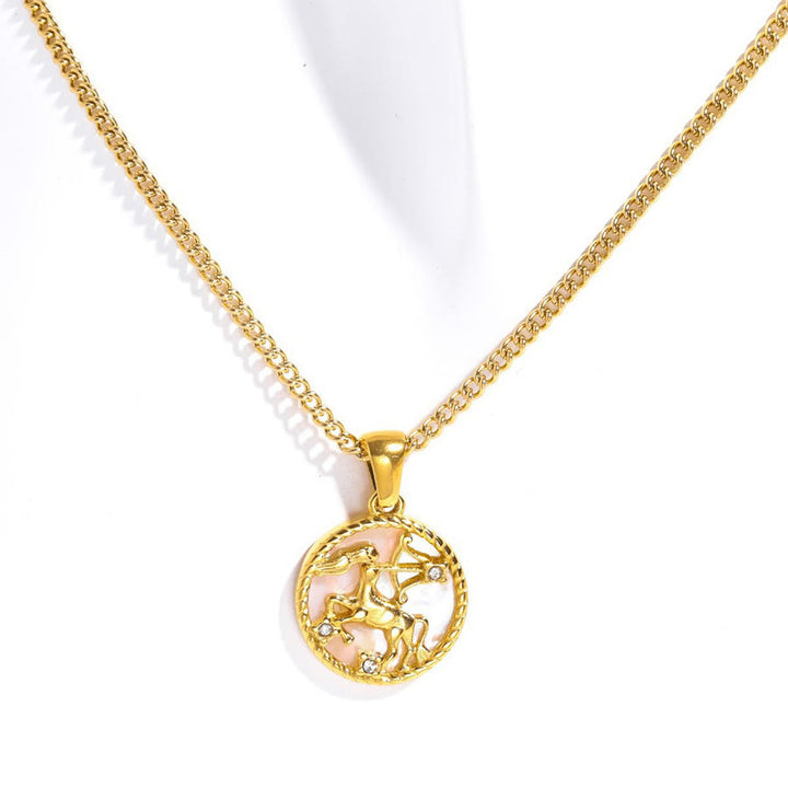 Olivenorma 12 Zodiac Sign Mother Of Pearl Round Coin Pendant Necklace  - Sagittarius - image 13