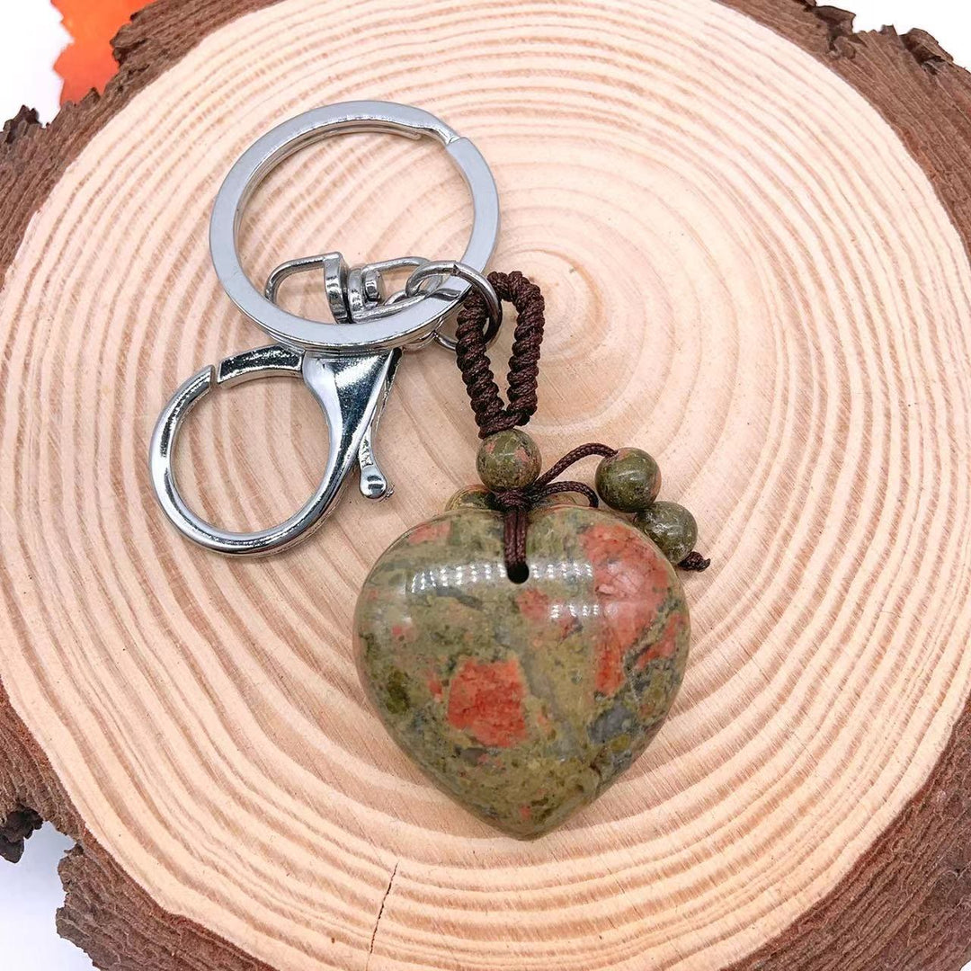 Olivenorma Mixed Natural Crystal Heart Healing Pendant Keychain - Unakite - image 25