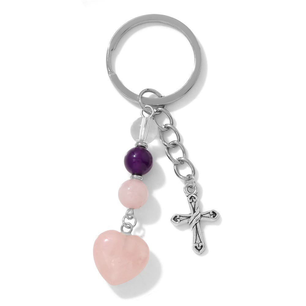 Olivenorma Chakra Bead Heart Natural Gemstone Pendant Keychain - Rose Quartz & Clear Quartz - image 12