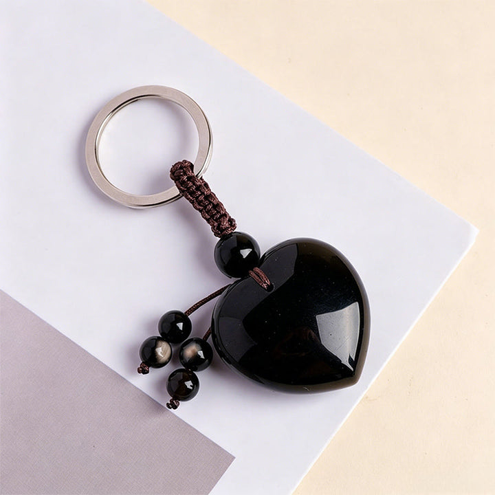 Olivenorma Natural Heart Crystal Pendant Braided Rope Keychain - Obsidian - image 11