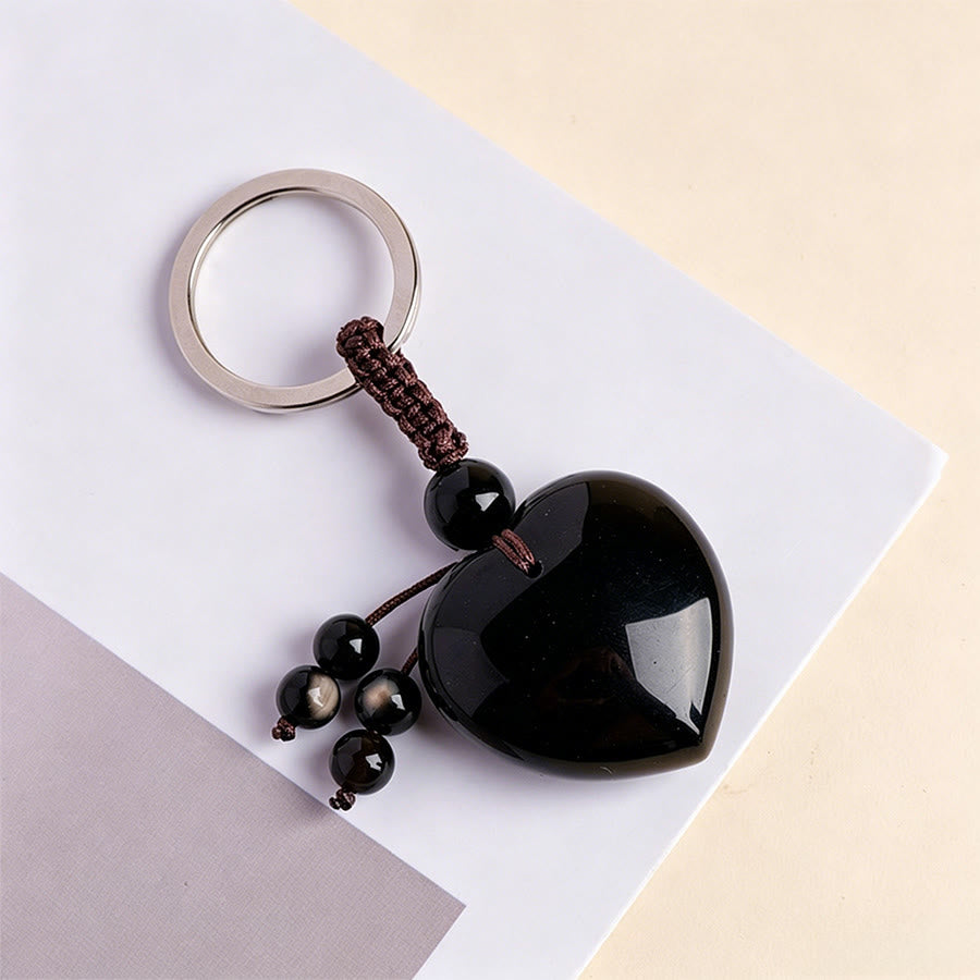 Olivenorma Natural Heart Crystal Pendant Braided Rope Keychain - Obsidian - image 11