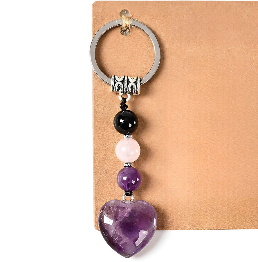 Olivenorma Wealth Success Natural Stone Heart Pendant Good Luck Keychain - Amethyst - image 5
