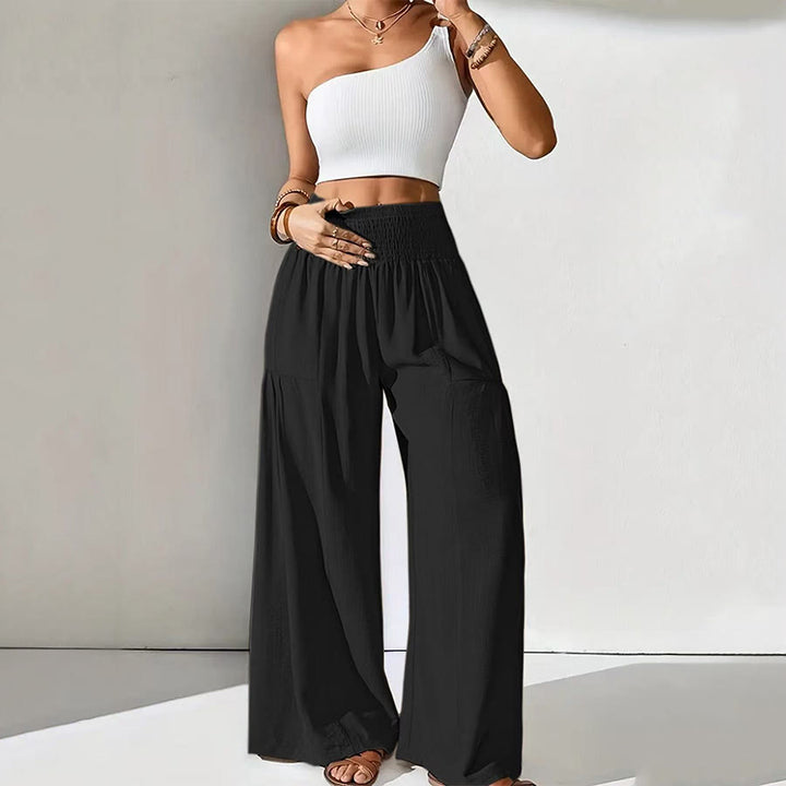 Olivenorma Minimal Solid Smocked High Waist Tiered Wide Leg Daily Women's Pants - image 3