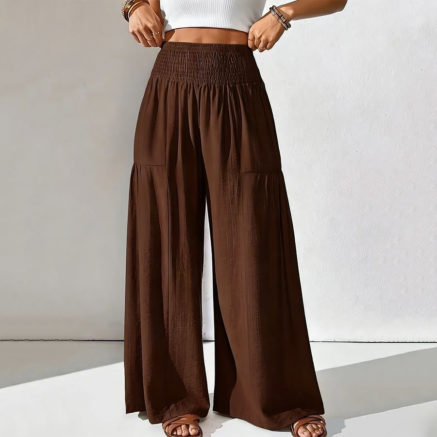 Olivenorma Minimal Solid Smocked High Waist Tiered Wide Leg Daily Women's Pants - Brown - XXL - image 4