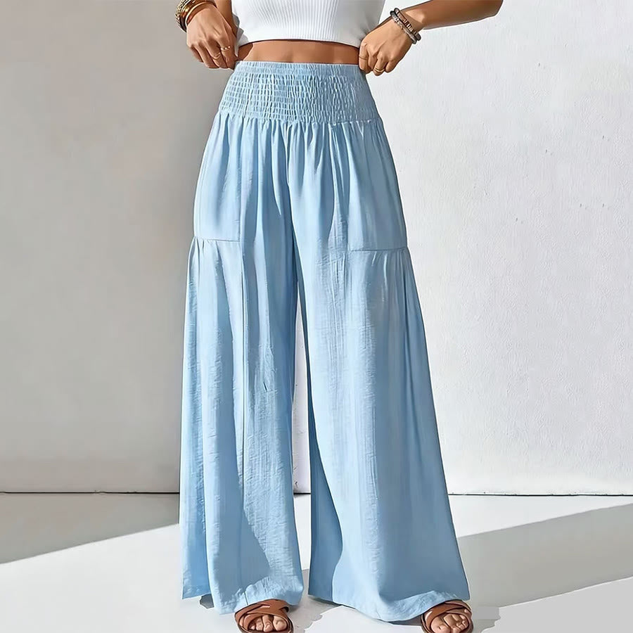 Olivenorma Minimal Solid Smocked High Waist Tiered Wide Leg Daily Women's Pants - Sky Blue - XXL - image 0