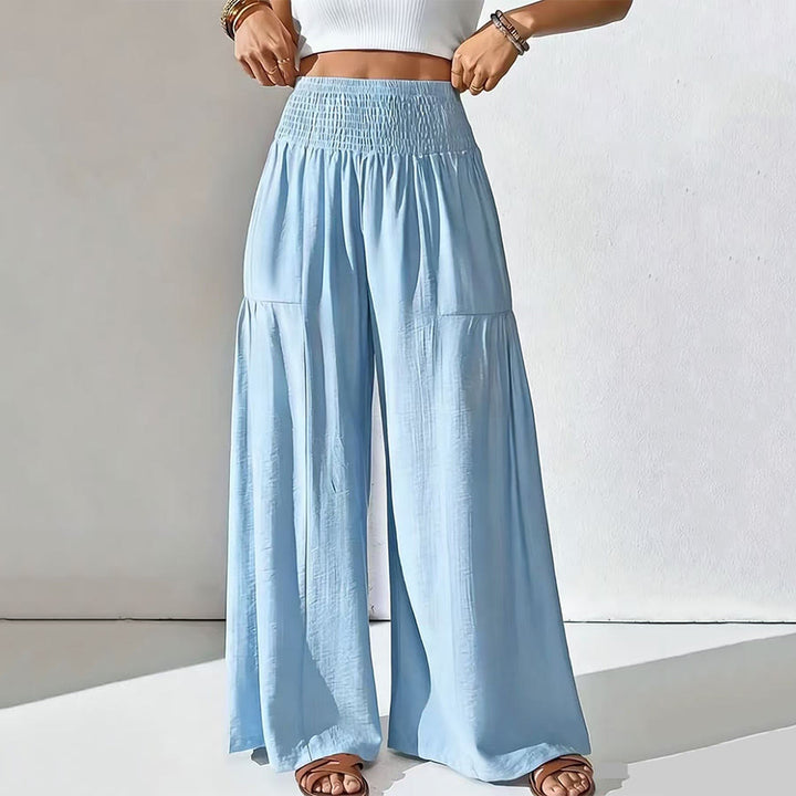 Olivenorma Minimal Solid Smocked High Waist Tiered Wide Leg Daily Women's Pants - Sky Blue - XXL - image 0