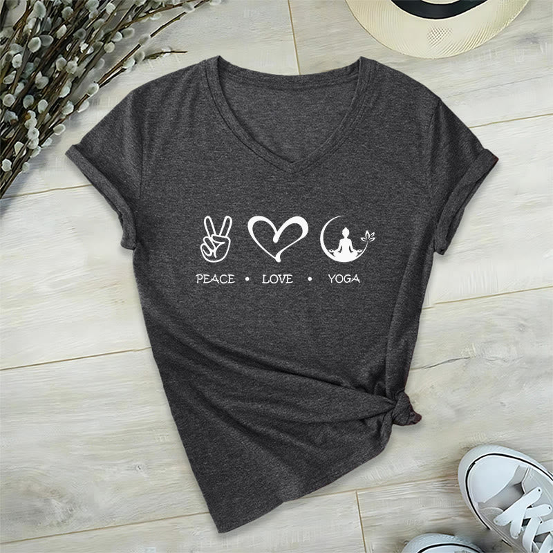 Olivenorma Boho Peace Love Yoga Peace Sign Heart Meditation Graphic Women's V Neck T-Shirt - Gray - 2XL - image 15