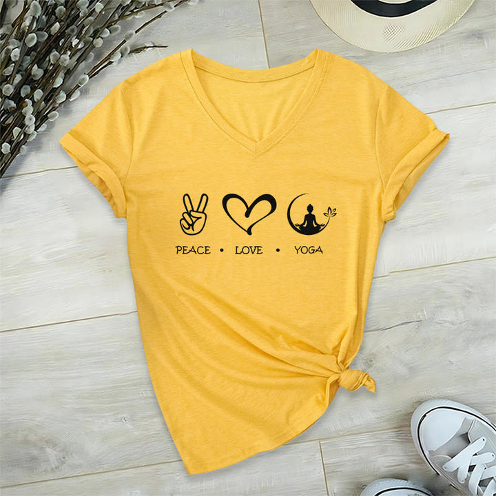 Olivenorma Boho Peace Love Yoga Peace Sign Heart Meditation Graphic Women's V Neck T-Shirt - Yellow - 2XL - image 30