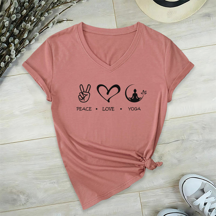 Olivenorma Boho Peace Love Yoga Peace Sign Heart Meditation Graphic Women's V Neck T-Shirt - Pink - 2XL - image 0