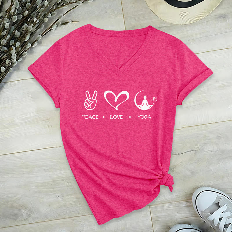Olivenorma Boho Peace Love Yoga Peace Sign Heart Meditation Graphic Women's V Neck T-Shirt - Rose Red - 2XL - image 33