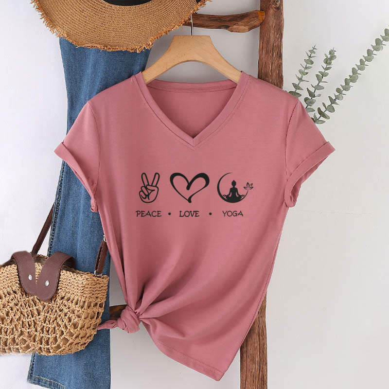 Olivenorma Boho Peace Love Yoga Peace Sign Heart Meditation Graphic Women's V Neck T-Shirt - image 1