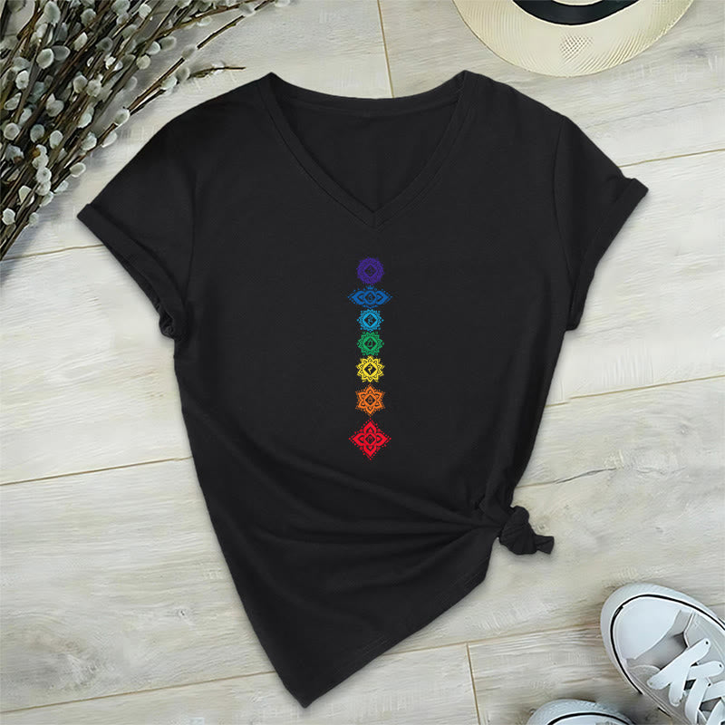Olivenorma Vertical Seven Chakra Mandala Spiritual Graphic Women's V Neck T-Shirt - Black - 2XL - image 15