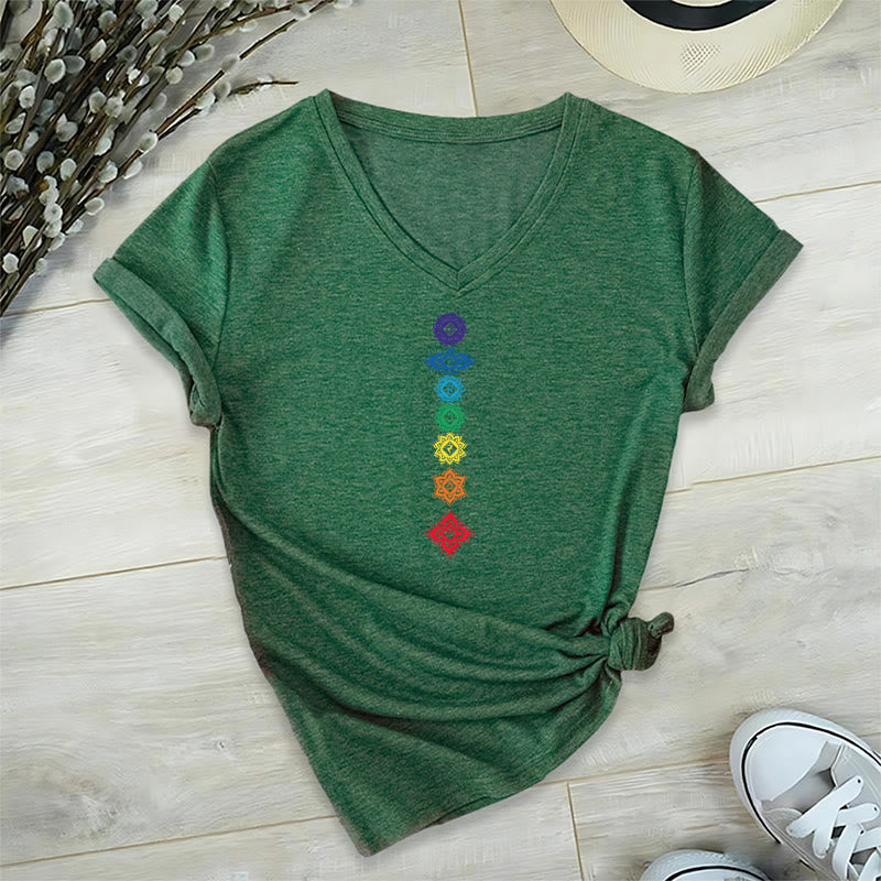Olivenorma Vertical Seven Chakra Mandala Spiritual Graphic Women's V Neck T-Shirt - Dark Green - 2XL - image 24