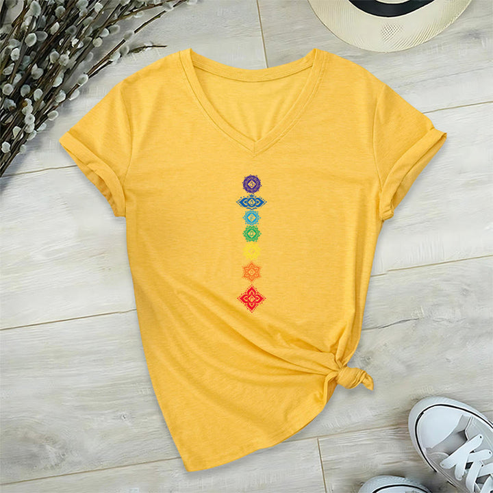 Olivenorma Vertical Seven Chakra Mandala Spiritual Graphic Women's V Neck T-Shirt - Yellow - 2XL - image 30