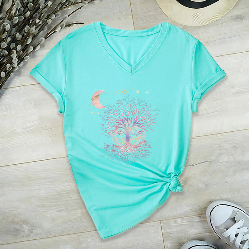 Olivenorma Boho Crescent Moon Star Galaxy Tree Of Life Graphic Women's V Neck T-Shirt - Lake Blue - 2XL - image 12