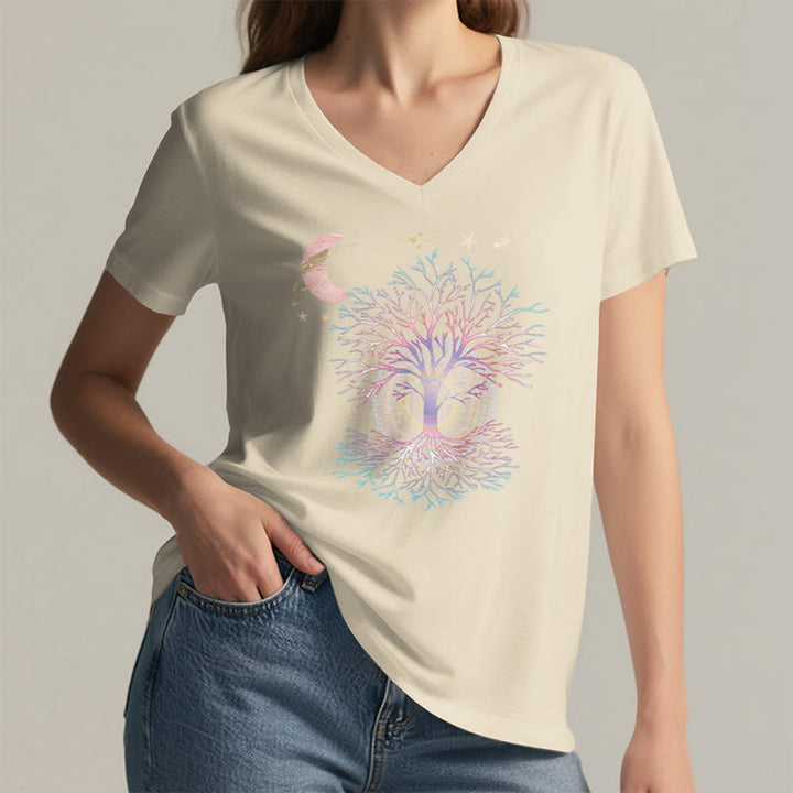 Olivenorma Boho Crescent Moon Star Galaxy Tree Of Life Graphic Women's V Neck T-Shirt - image 8