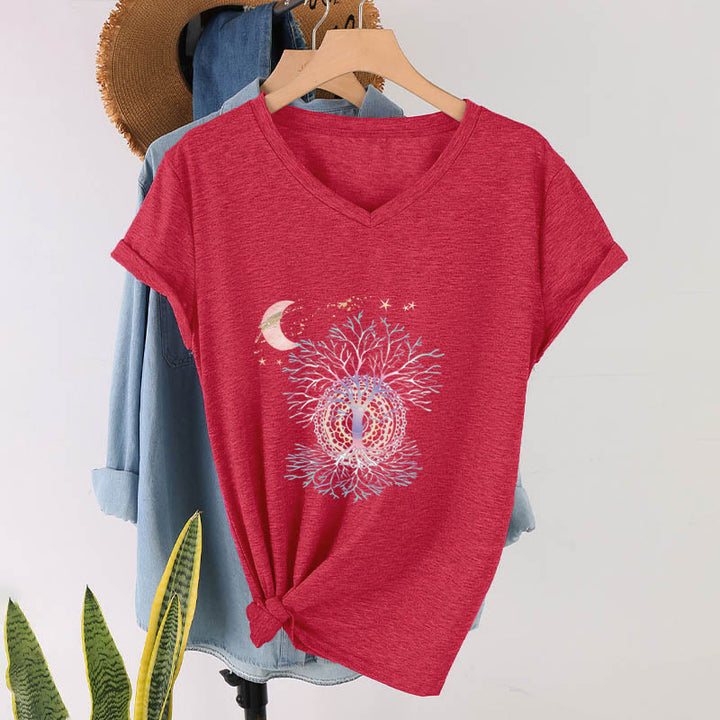 Olivenorma Boho Crescent Moon Star Galaxy Tree Of Life Graphic Women's V Neck T-Shirt - image 28