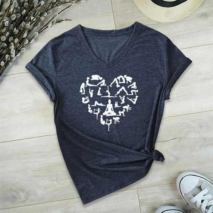Olivenorma Heart Shaped All Yoga Poses Silhouette Graphic Women's V Neck T-Shirt - Navy Blue - 2XL - image 21