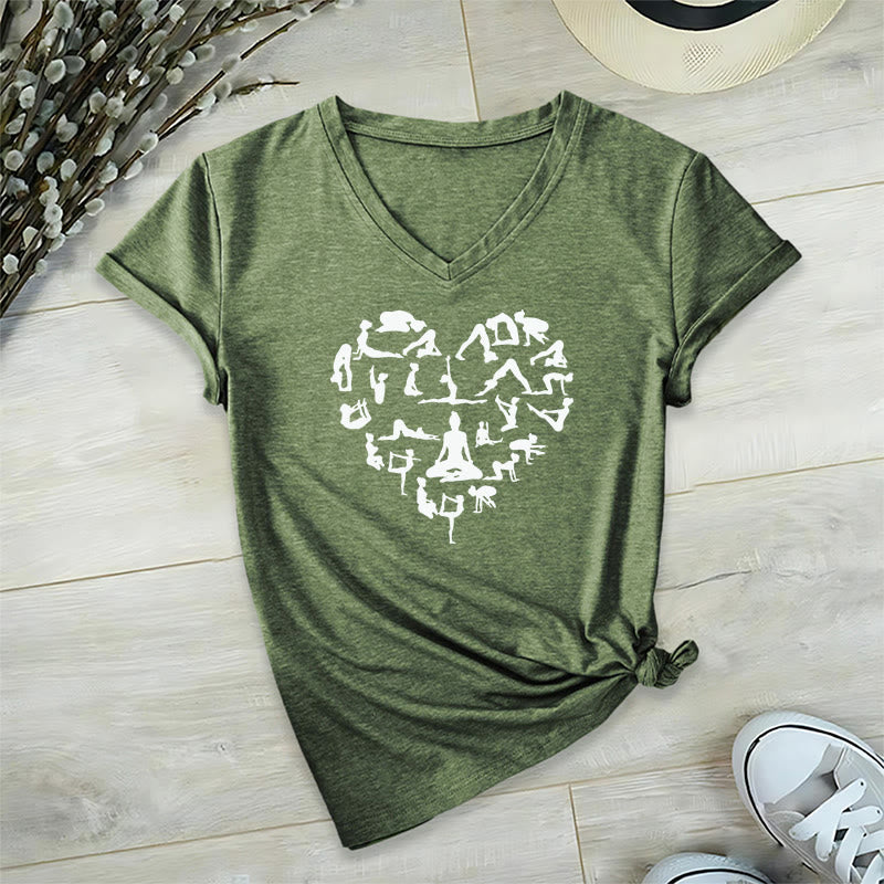 Olivenorma Heart Shaped All Yoga Poses Silhouette Graphic Women's V Neck T-Shirt - Olive Green - 2XL - image 3