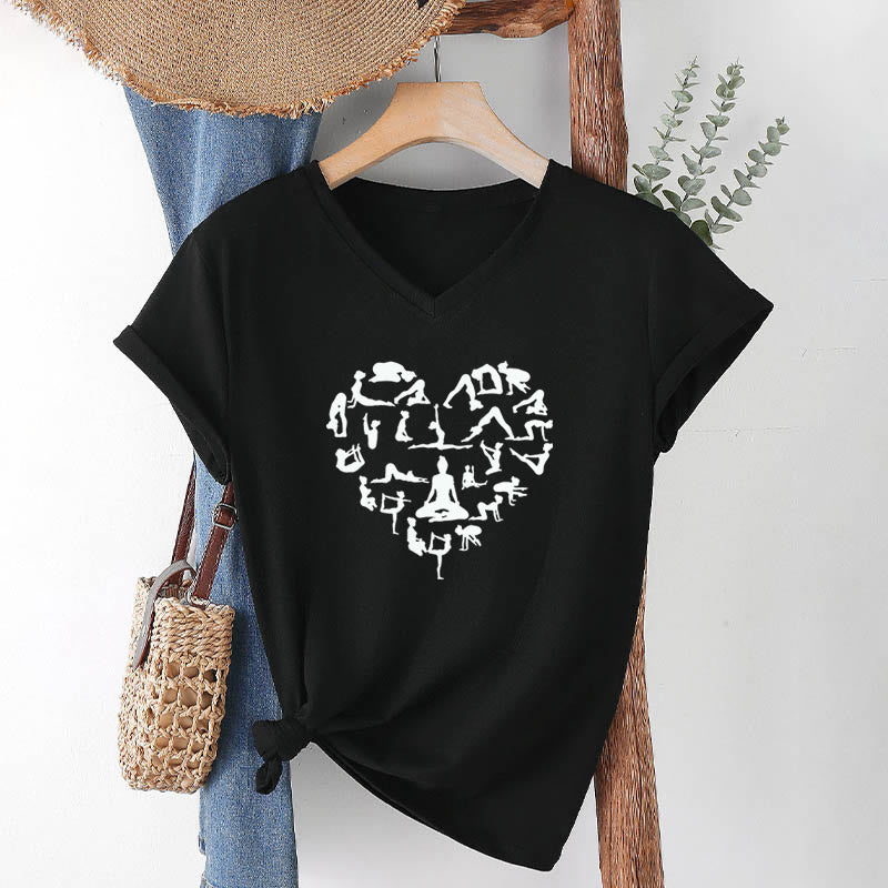 Olivenorma Heart Shaped All Yoga Poses Silhouette Graphic Women's V Neck T-Shirt - image 13