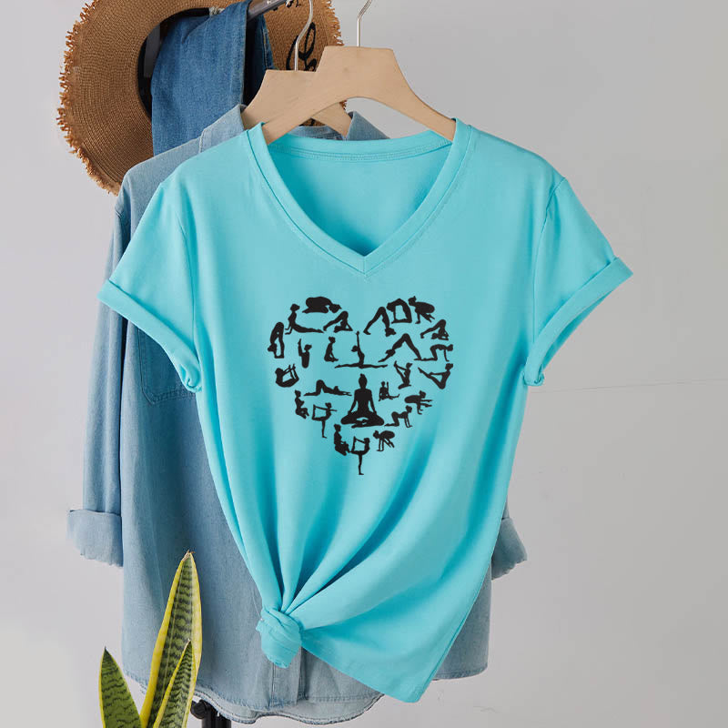 Olivenorma Heart Shaped All Yoga Poses Silhouette Graphic Women's V Neck T-Shirt - image 10