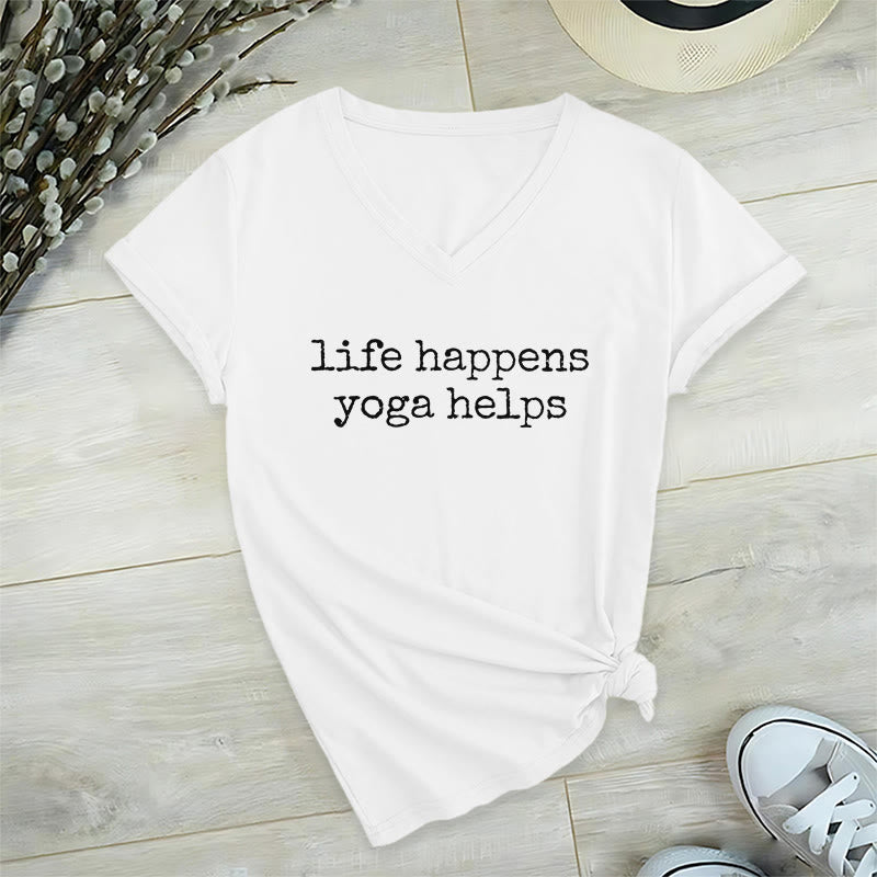Olivenorma Life Happens Yoga Helps Funny Text Graphic Women's V Neck T-Shirt - White - 2XL - image 18