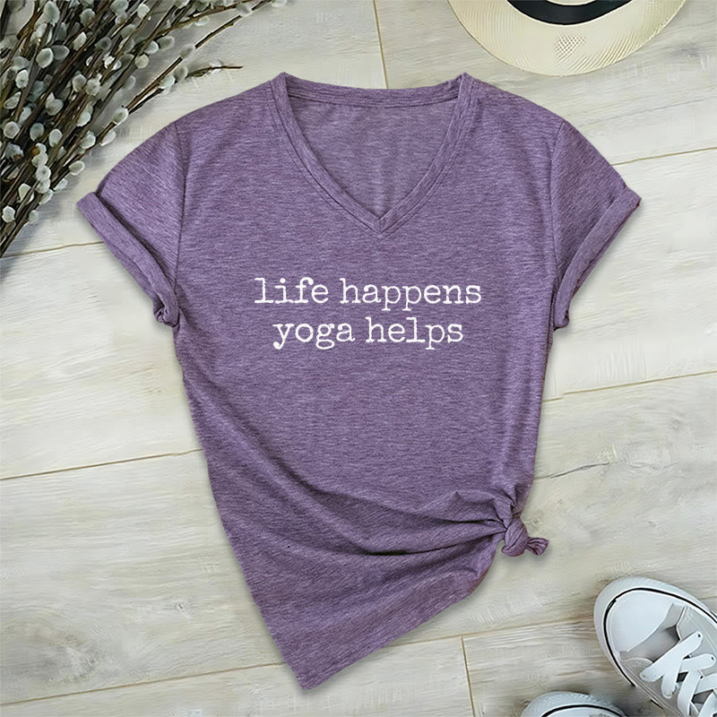 Olivenorma Life Happens Yoga Helps Funny Text Graphic Women's V Neck T-Shirt - Purple - 2XL - image 36