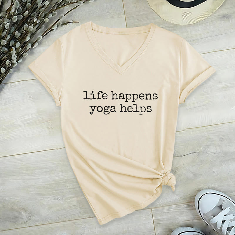 Olivenorma Life Happens Yoga Helps Funny Text Graphic Women's V Neck T-Shirt - Khaki - 2XL - image 6