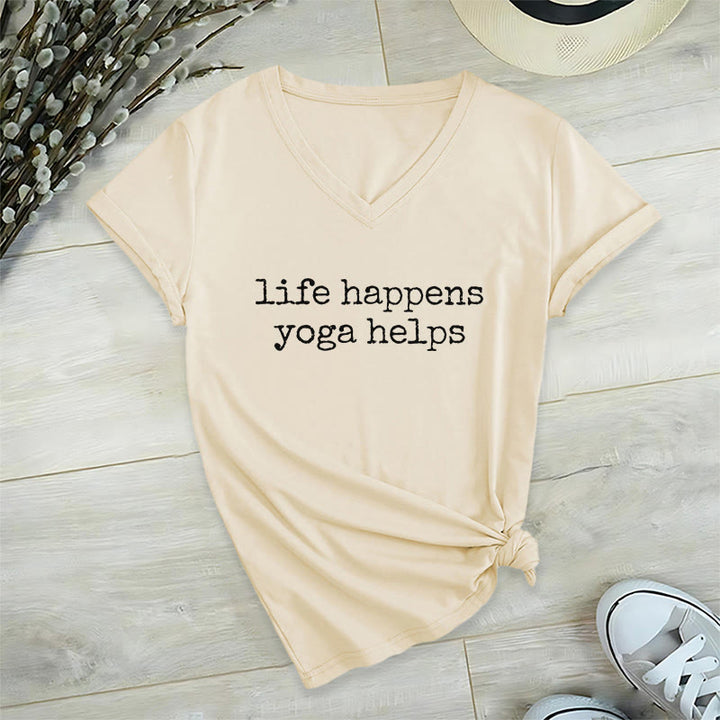 Olivenorma Life Happens Yoga Helps Funny Text Graphic Women's V Neck T-Shirt - Khaki - 2XL - image 6