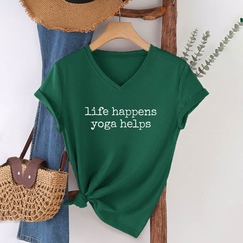 Olivenorma Life Happens Yoga Helps Funny Text Graphic Women's V Neck T-Shirt - image 25