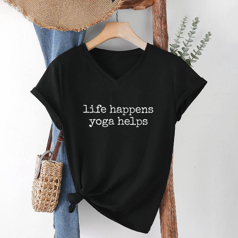 Olivenorma Life Happens Yoga Helps Funny Text Graphic Women's V Neck T-Shirt - image 16