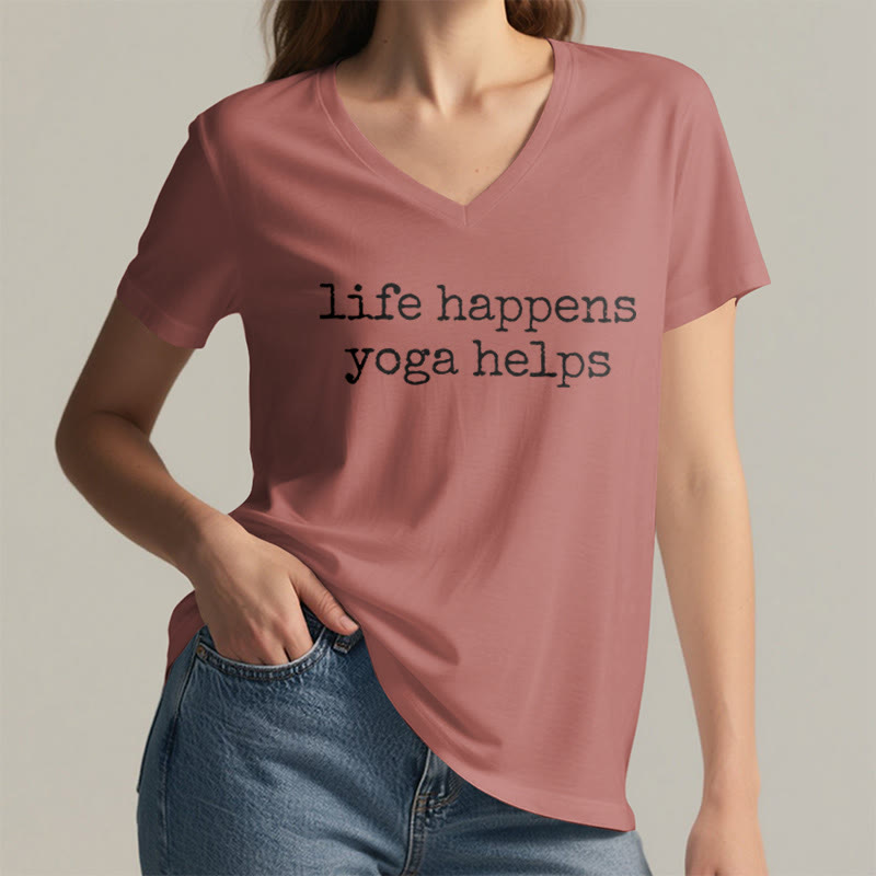 Olivenorma Life Happens Yoga Helps Funny Text Graphic Women's V Neck T-Shirt - image 11