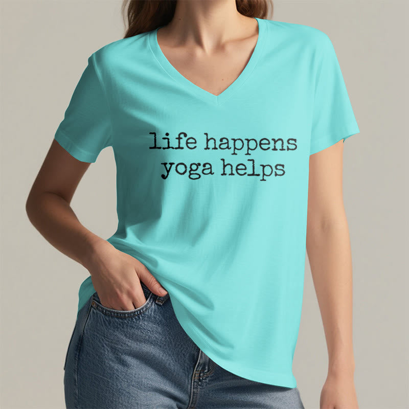 Olivenorma Life Happens Yoga Helps Funny Text Graphic Women's V Neck T-Shirt - image 14