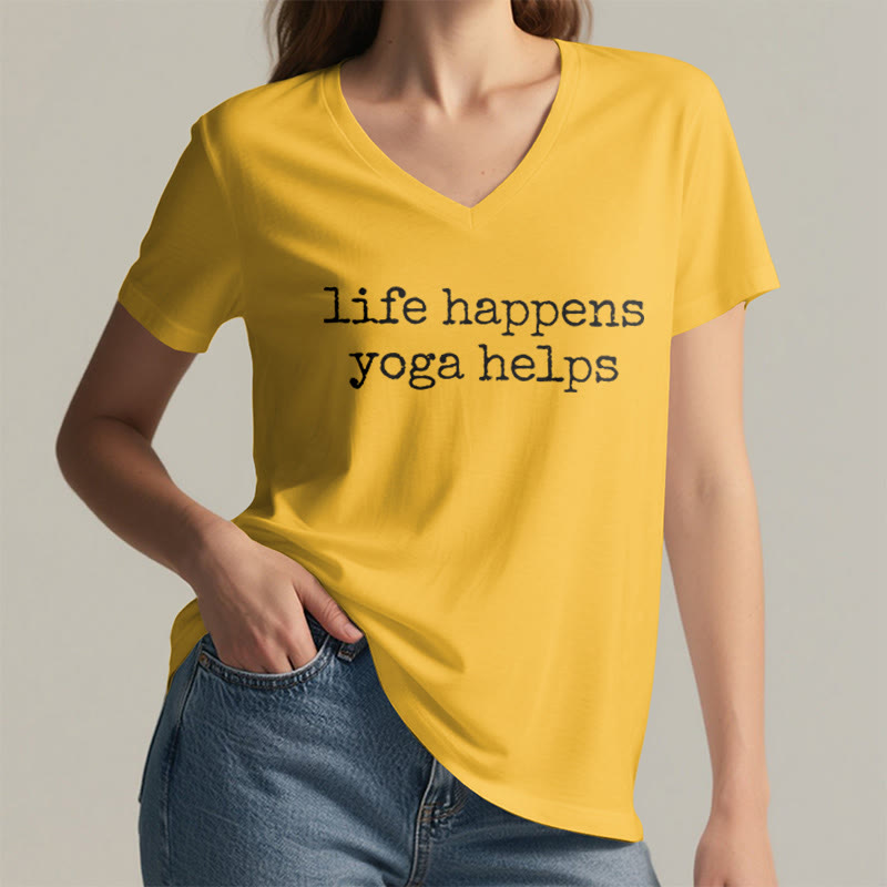 Olivenorma Life Happens Yoga Helps Funny Text Graphic Women's V Neck T-Shirt - image 32