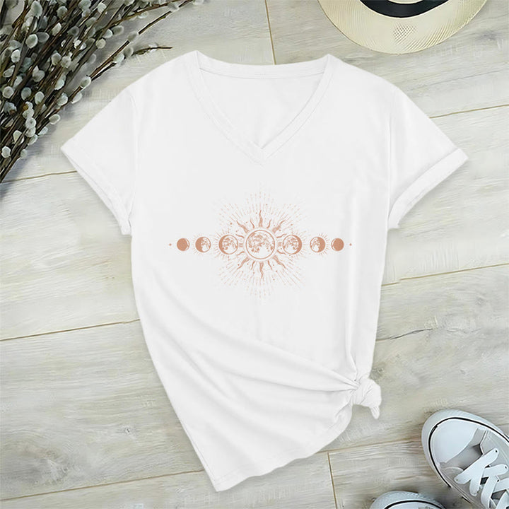 Olivenorma Boho Sun Moon Phase Celestial Graphic Women's V Neck T-Shirt - White - 2XL - image 18