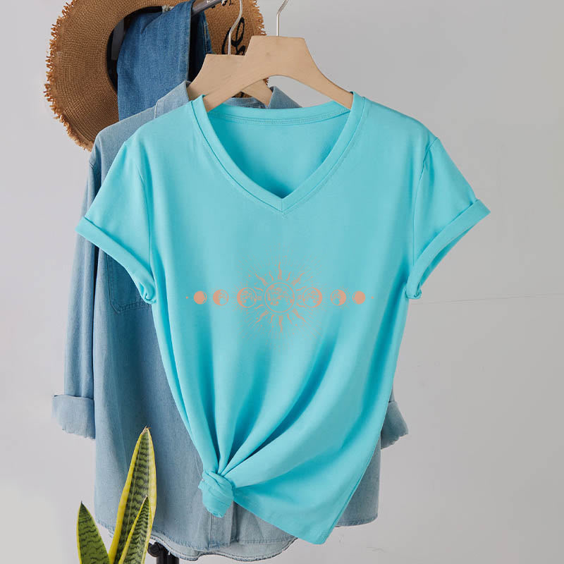 Olivenorma Boho Sun Moon Phase Celestial Graphic Women's V Neck T-Shirt - image 13