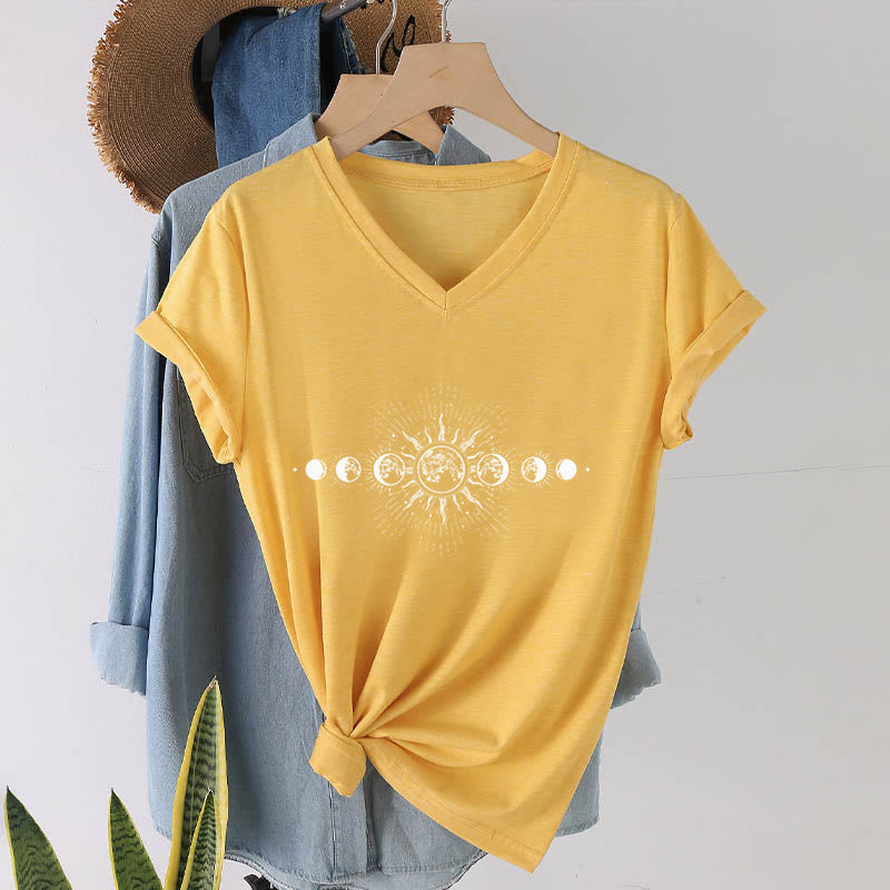 Olivenorma Boho Sun Moon Phase Celestial Graphic Women's V Neck T-Shirt - image 31
