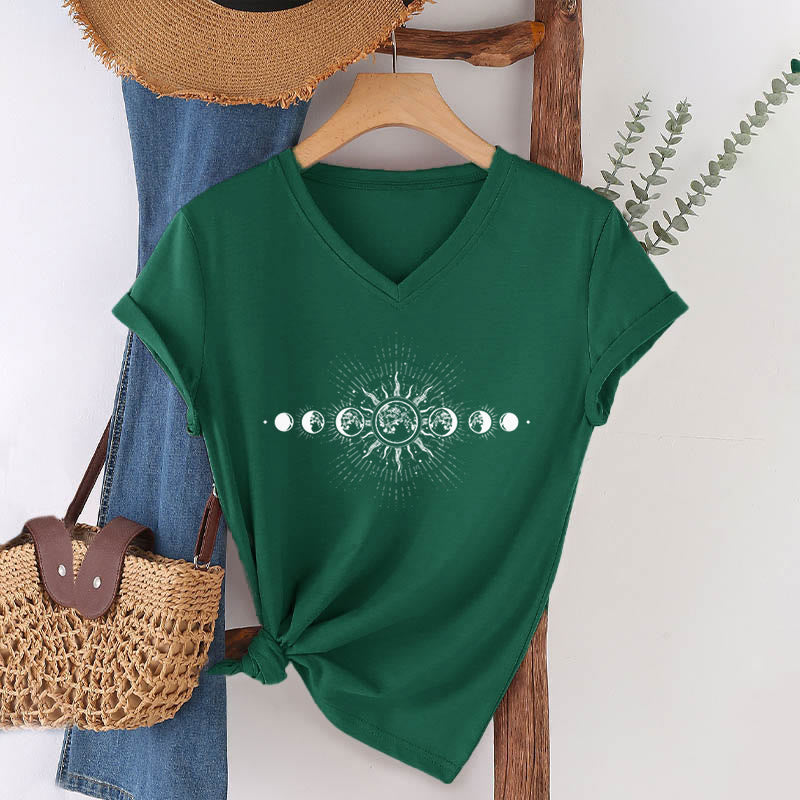 Olivenorma Boho Sun Moon Phase Celestial Graphic Women's V Neck T-Shirt - image 25