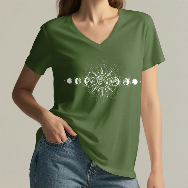 Olivenorma Boho Sun Moon Phase Celestial Graphic Women's V Neck T-Shirt - image 5
