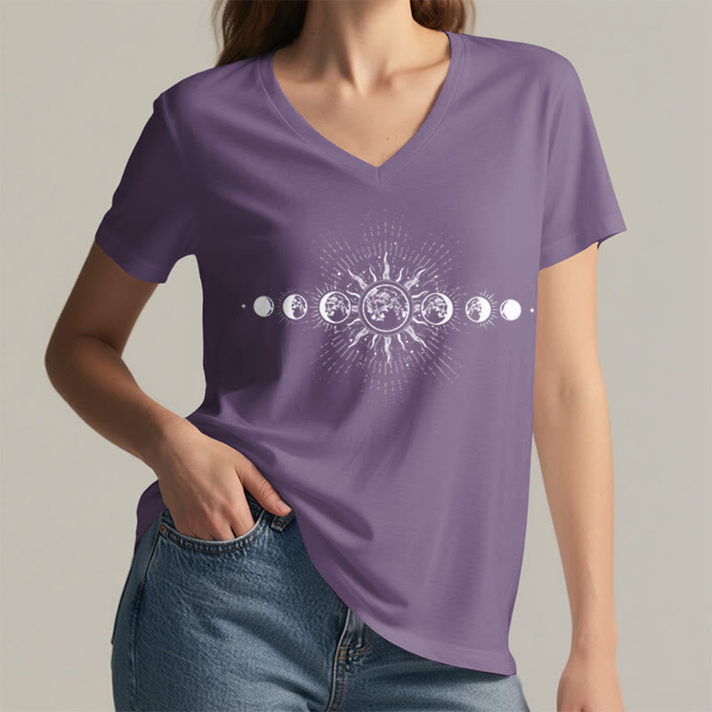 Olivenorma Boho Sun Moon Phase Celestial Graphic Women's V Neck T-Shirt - image 38