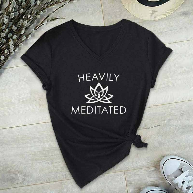 Olivenorma Heavily Meditated Lotus Flower Minimal Graphic Women's V Neck T-Shirt - Black - 2XL - image 15