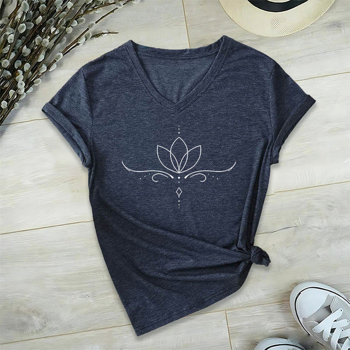 Olivenorma Elegant Boho Lotus Dot Line Art Yoga Print Women's V Neck T-Shirt - image 22