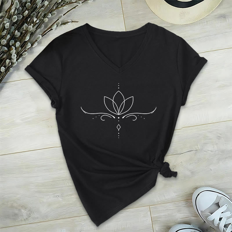 Olivenorma Elegant Boho Lotus Dot Line Art Yoga Print Women's V Neck T-Shirt - image 13