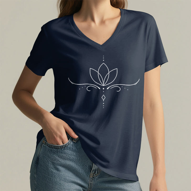 Olivenorma Elegant Boho Lotus Dot Line Art Yoga Print Women's V Neck T-Shirt - image 23