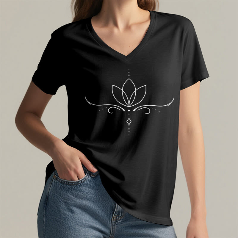 Olivenorma Elegant Boho Lotus Dot Line Art Yoga Print Women's V Neck T-Shirt - image 14