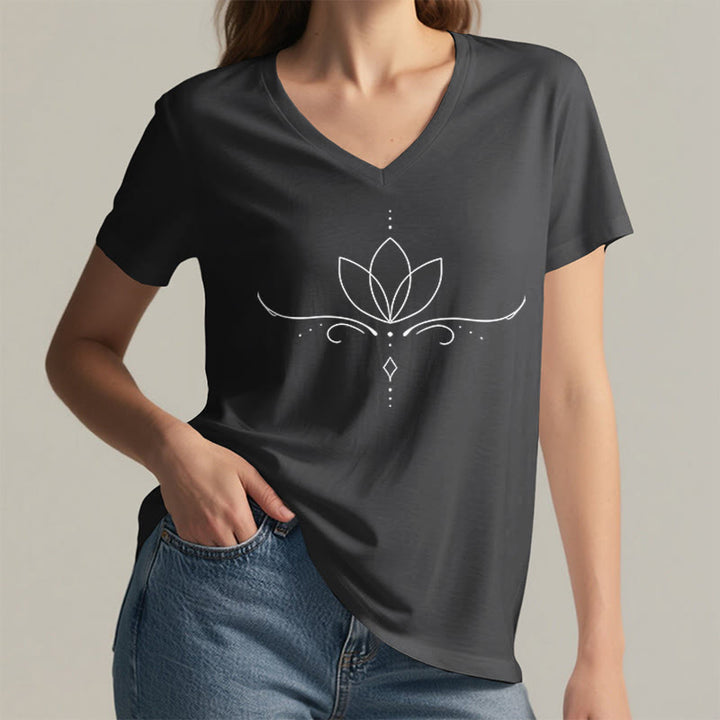 Olivenorma Elegant Boho Lotus Dot Line Art Yoga Print Women's V Neck T-Shirt - image 17